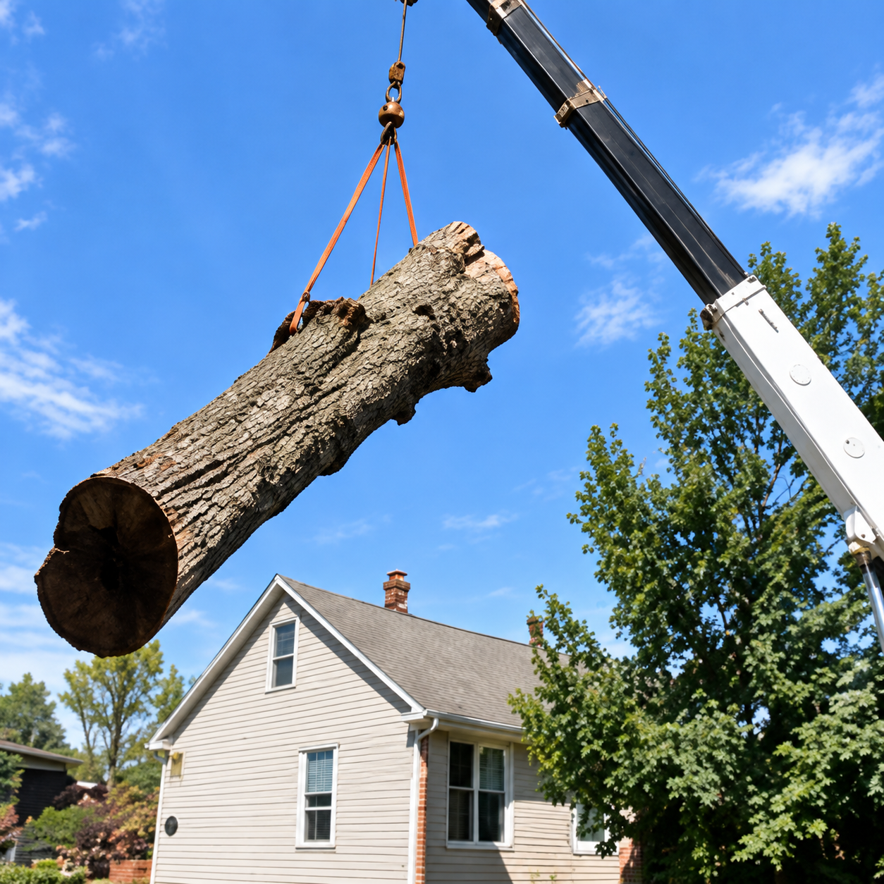 Large tree section being lowered by crane