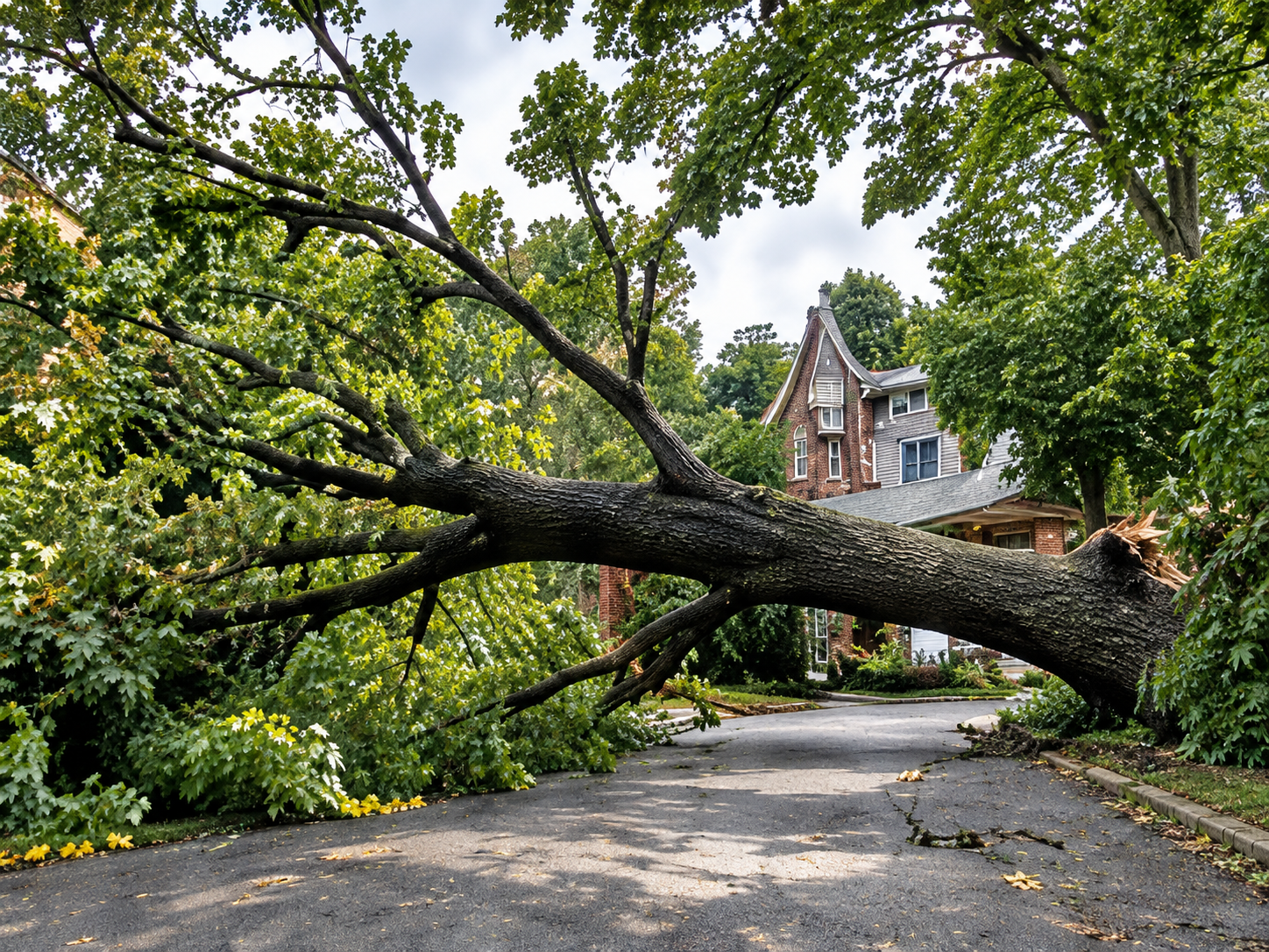 Large fallen tree across a residential street
